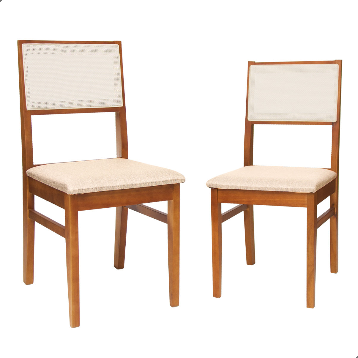 Kit Conjunto Cadeiras de jantar em madeira com estofado confortável, ideal para salas modernas. Acabamento em verniz UV e estrutura resistente de alta qualidade.
