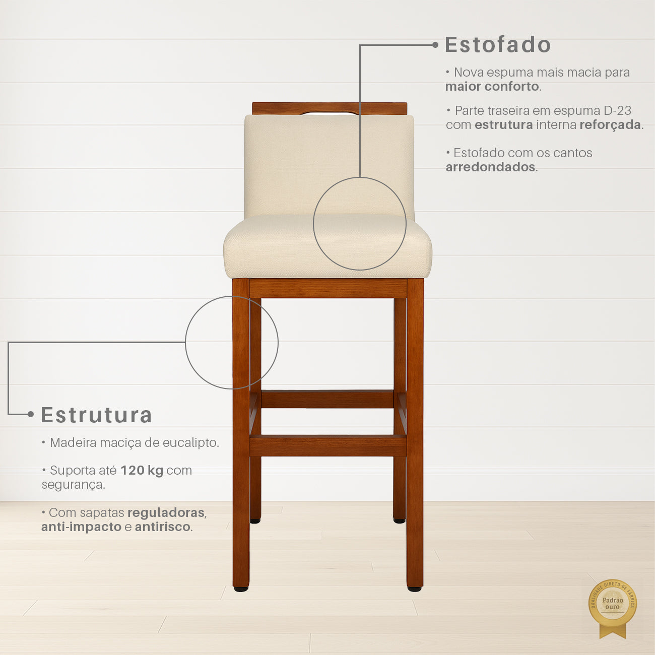 2 Banquetas Safira com Assento Estofado em Tecido Linho e Estrutura de Madeira Maciça – Com Encosto e Apoio para os Pés, Altura 104 cm para Bancadas Altas