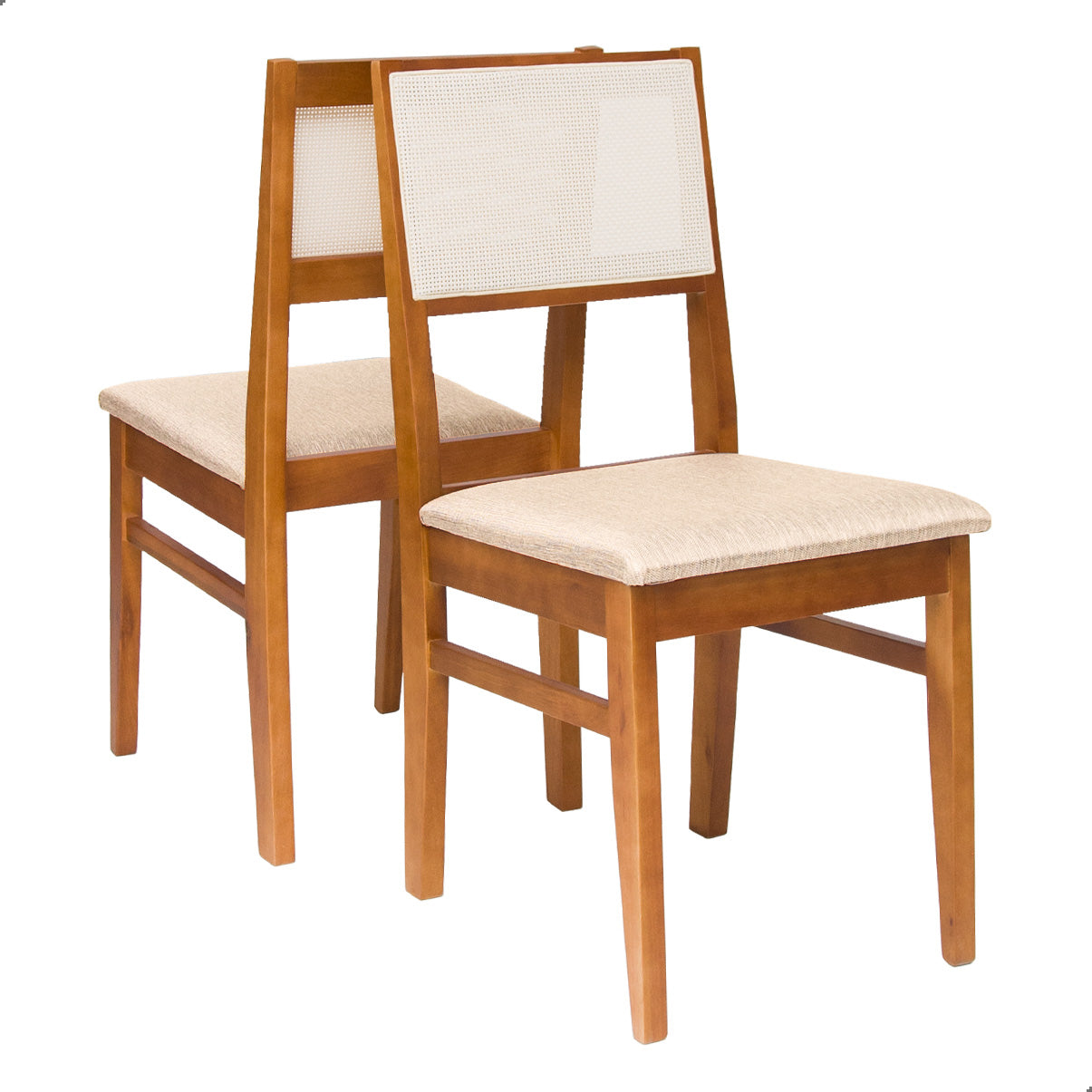 Kit Conjunto Cadeiras de jantar em madeira com estofado confortável, ideal para salas modernas. Acabamento em verniz UV e estrutura resistente de alta qualidade.