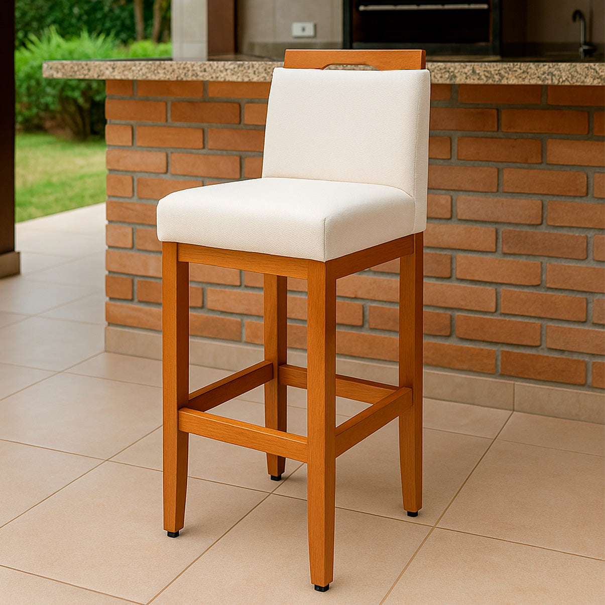 Kit 2 Banquetas Safira com Assento Estofado em Tecido Linho e Estrutura de Madeira Maciça – Com Encosto e Apoio para os Pés, Altura 91,5 cm para Bancadas Baixas