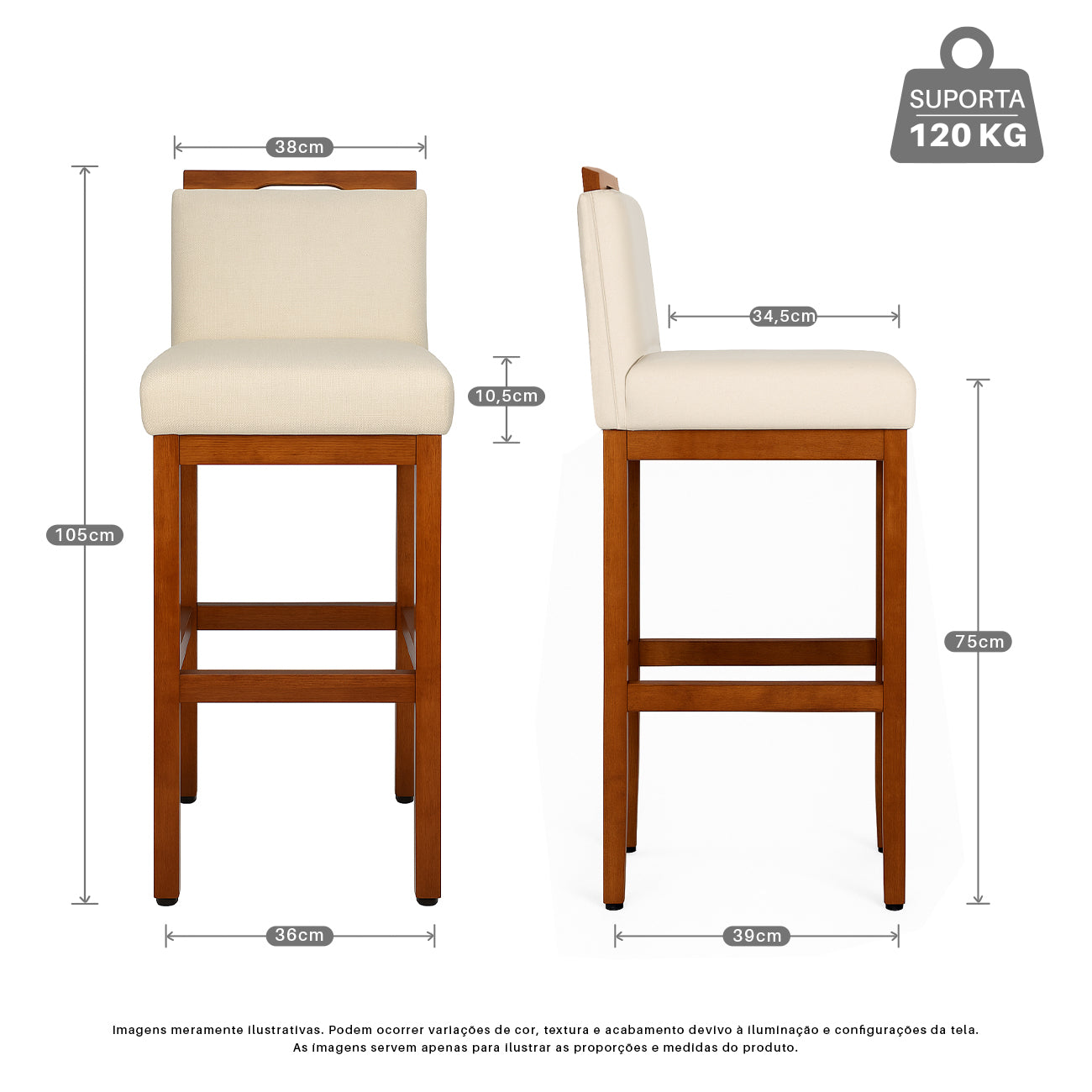 2 Banquetas Safira com Assento Estofado em Tecido Linho e Estrutura de Madeira Maciça – Com Encosto e Apoio para os Pés, Altura 104 cm para Bancadas Altas