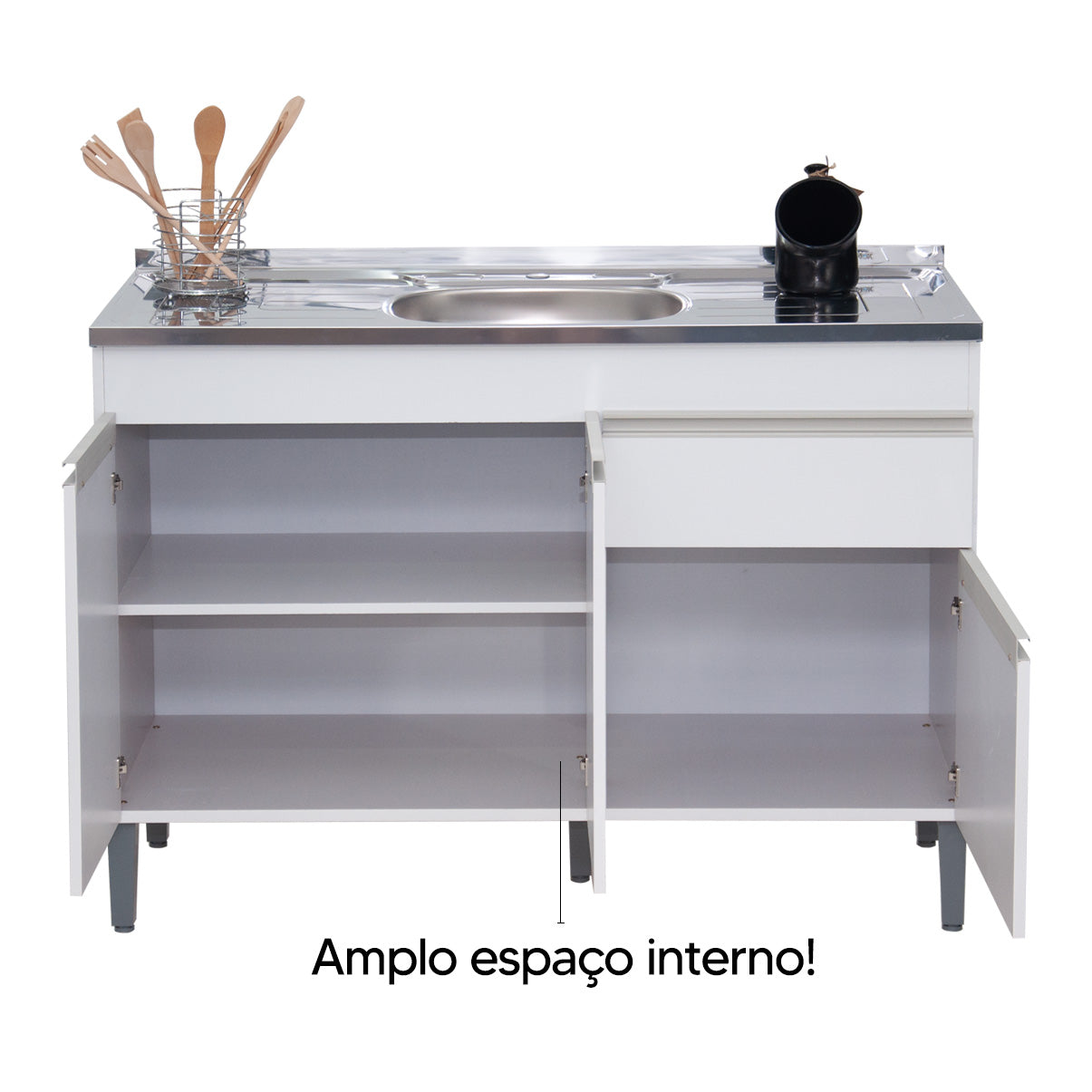 Balcão de Pia Sara Splendore 120cm com 3 Portas e 2 Gavetas em MDP — Ideal para Cozinha Organizada (Sem Tampo)