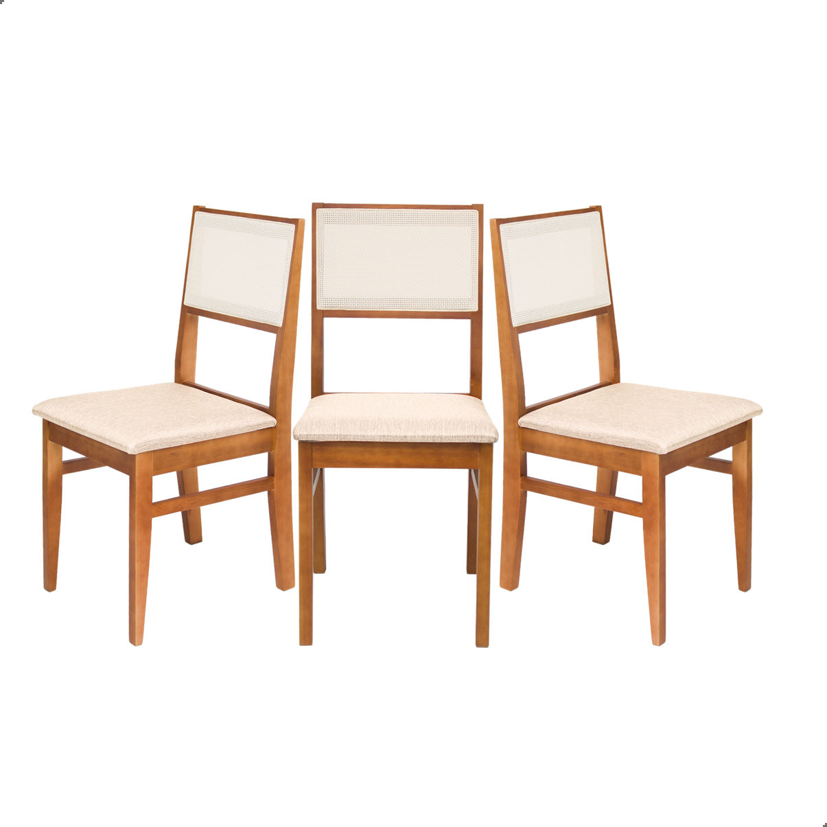 Kit Conjunto Cadeiras de jantar em madeira com estofado confortável, ideal para salas modernas. Acabamento em verniz UV e estrutura resistente de alta qualidade.