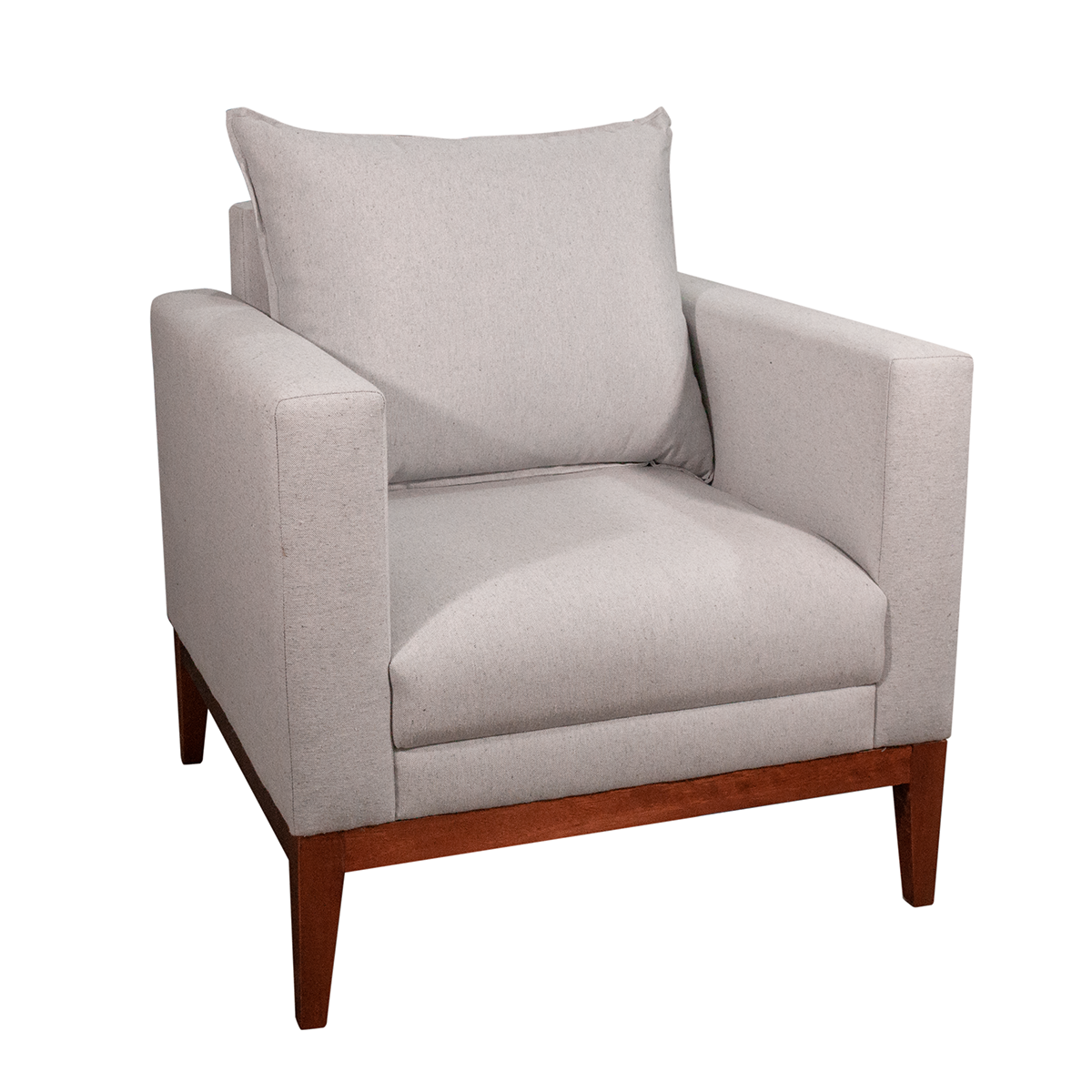 Poltrona Classic Estofada em Linho com Estrutura de Madeira Eucalipto, Almofada Removível e Pés com Requadro – Conforto e Durabilidade