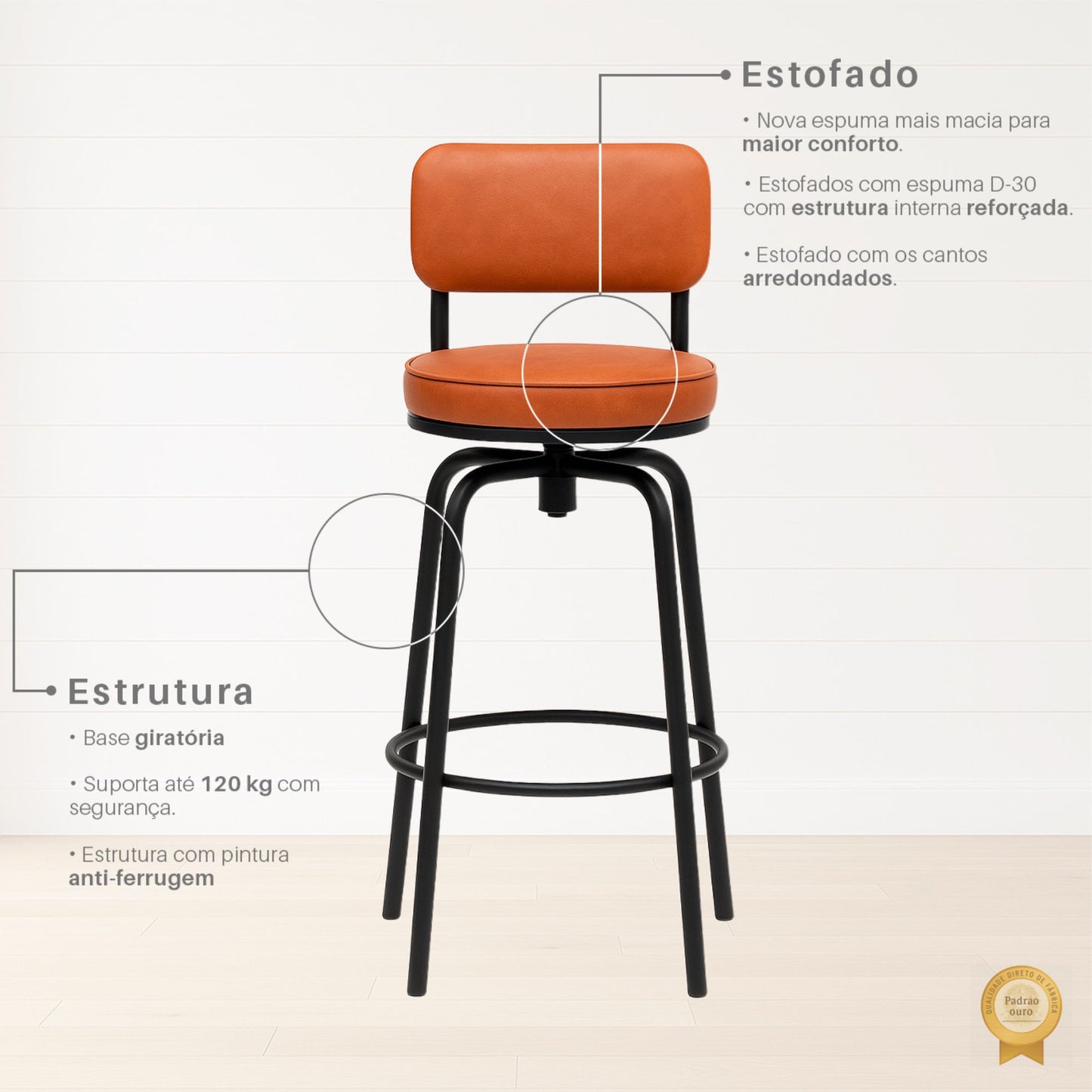 Kit 2 Banquetas Giratórias Nala em Estrutura de Aço Com Apoio de Pés