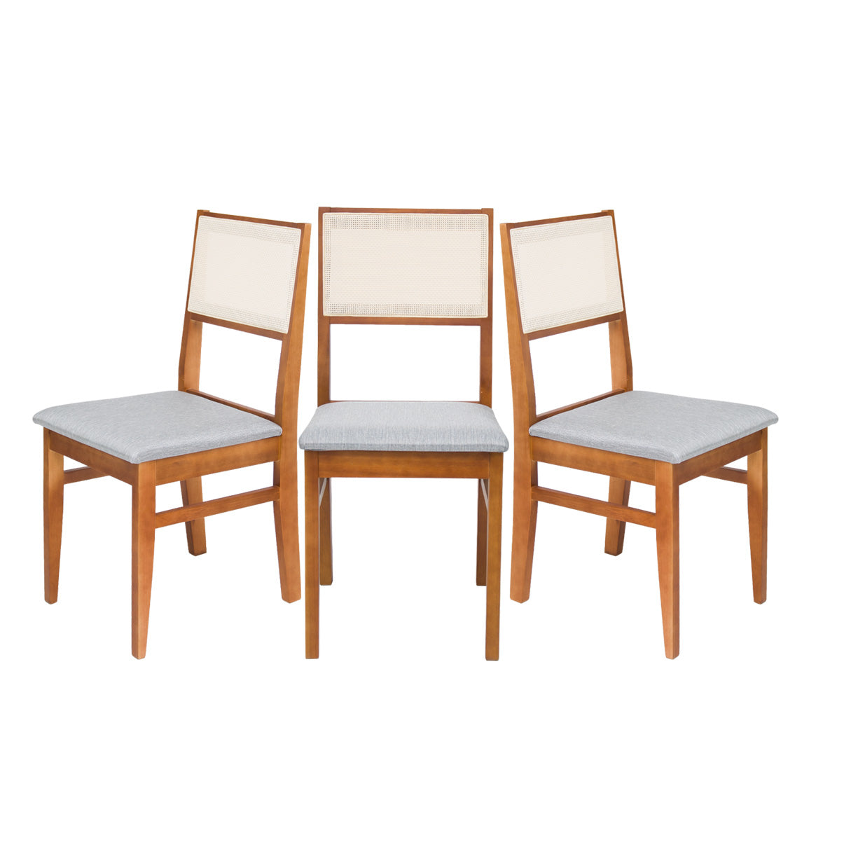 Kit 2 Cadeiras de jantar em madeira com estofado confortável, ideal para salas modernas. Acabamento em verniz UV e estrutura resistente de alta qualidade.