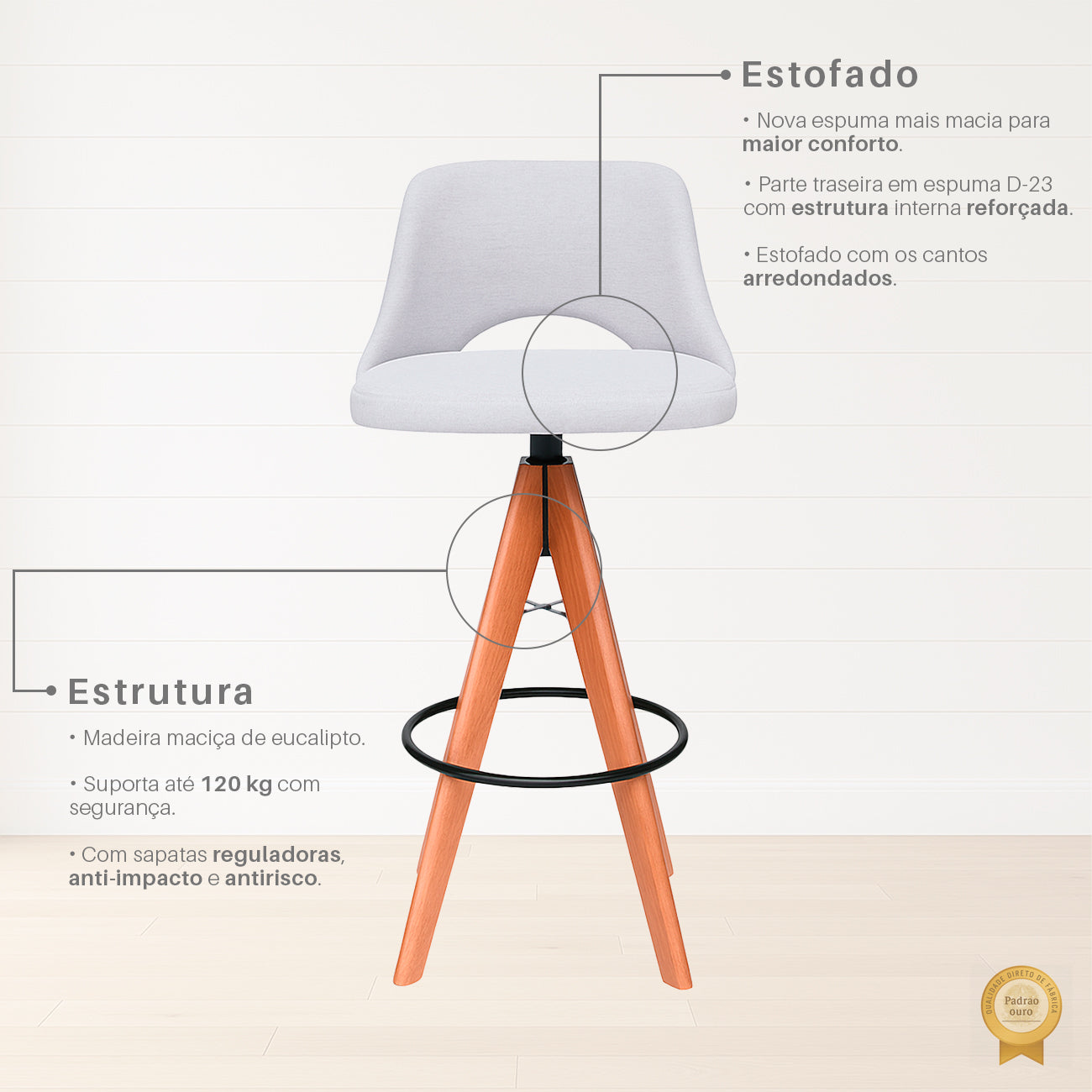 Kit 2 Banquetas Giratória Camila Estofada em Tecido em Linho com , Ideal para Bancadas Altas