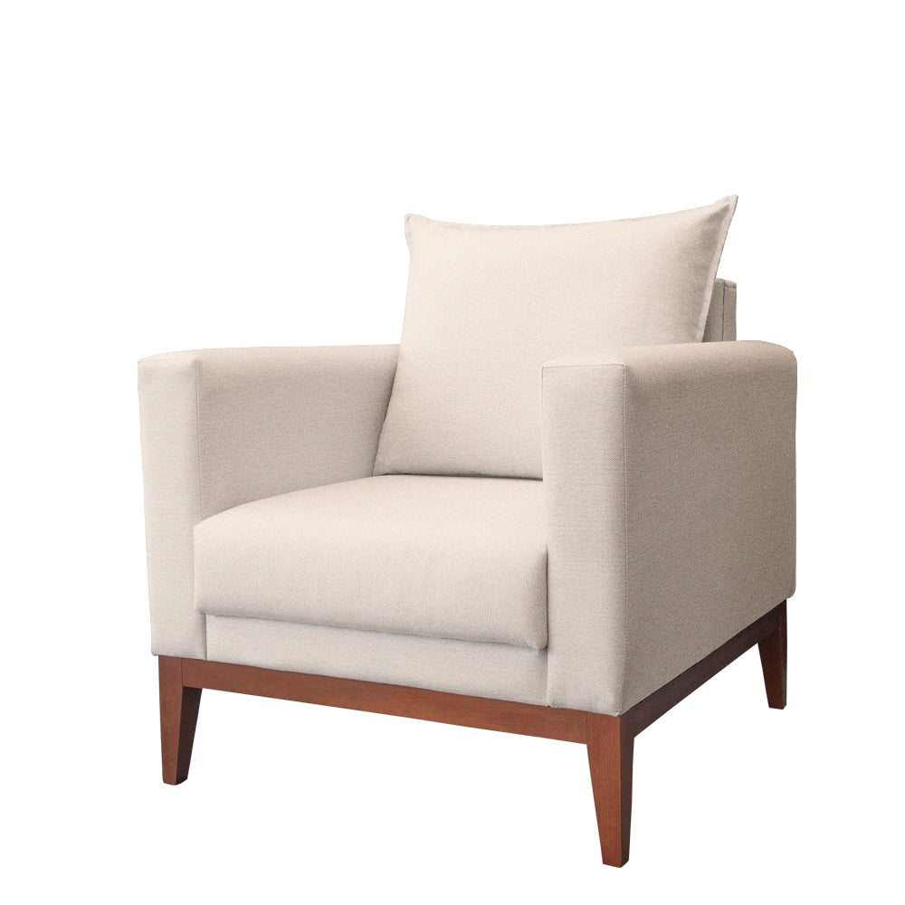 Poltrona Classic Estofada em Linho com Estrutura de Madeira Eucalipto, Almofada Removível e Pés com Requadro – Conforto e Durabilidade