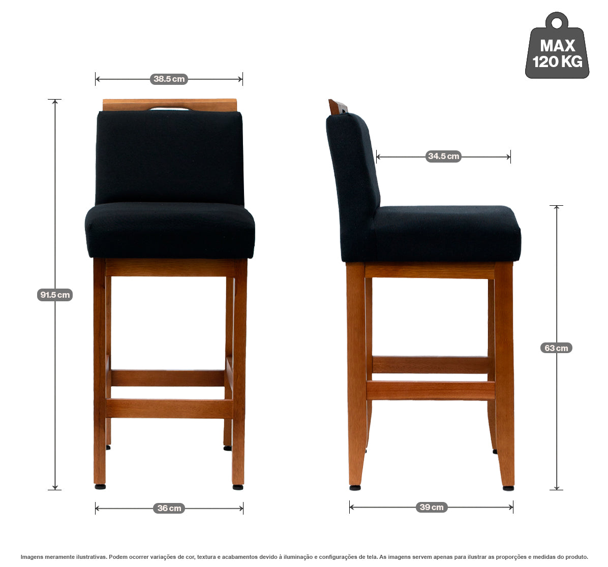 Kit 2 Banquetas Safira com Assento Estofado em Tecido Linho e Estrutura de Madeira Maciça – Com Encosto e Apoio para os Pés, Altura 91,5 cm para Bancadas Baixas