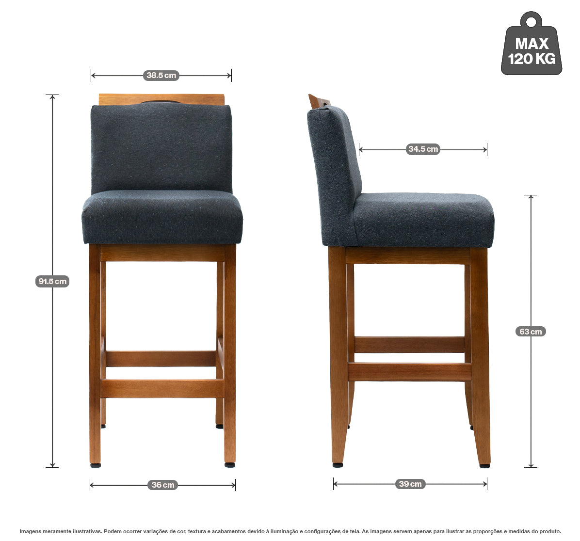 Kit 2 Banquetas Safira com Assento Estofado em Tecido Linho e Estrutura de Madeira Maciça – Com Encosto e Apoio para os Pés, Altura 91,5 cm para Bancadas Baixas