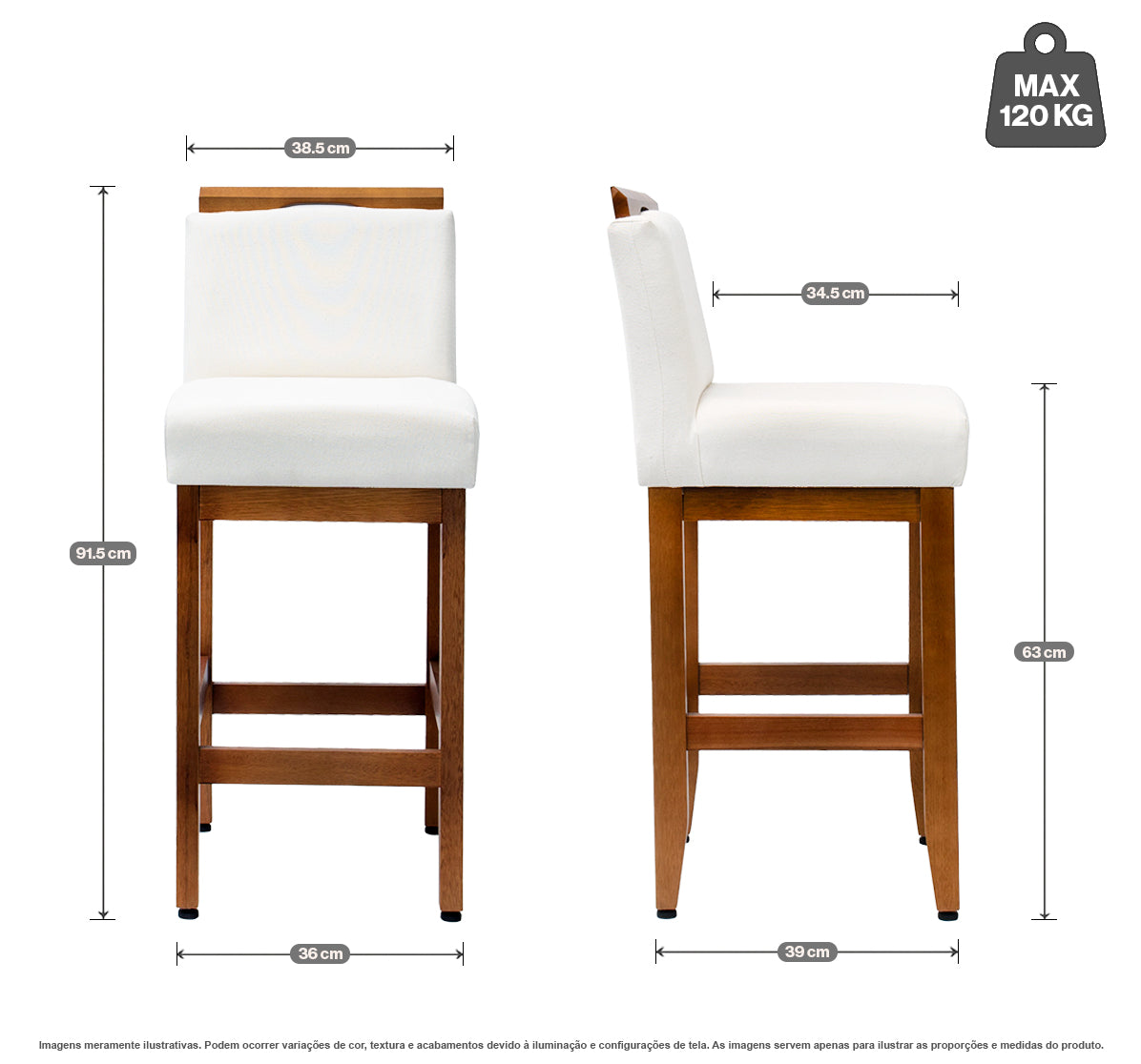 Kit 2 Banquetas Safira com Assento Estofado em Tecido Linho e Estrutura de Madeira Maciça – Com Encosto e Apoio para os Pés, Altura 91,5 cm para Bancadas Baixas
