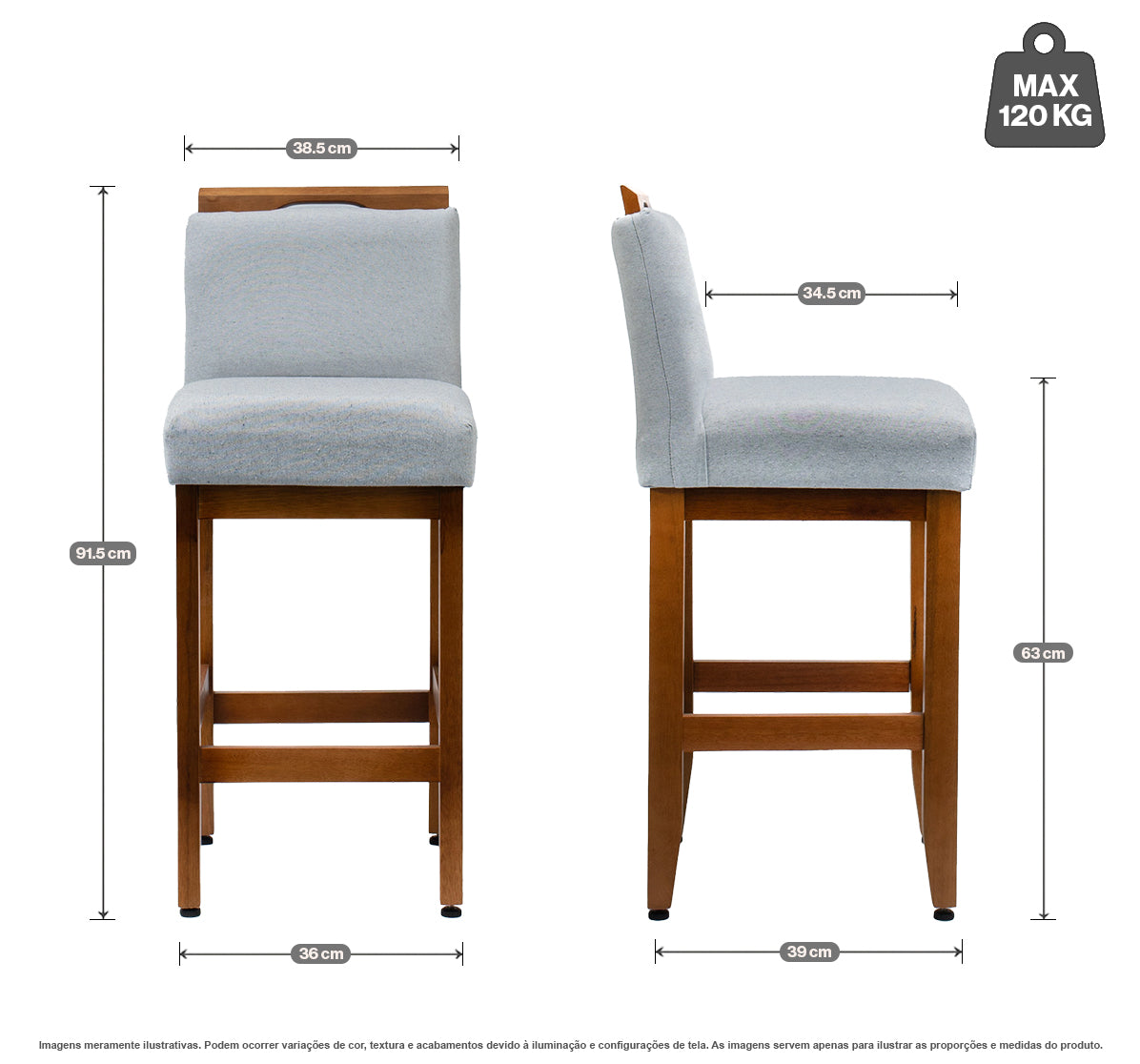 Kit 2 Banquetas Safira com Assento Estofado em Tecido Linho e Estrutura de Madeira Maciça – Com Encosto e Apoio para os Pés, Altura 91,5 cm para Bancadas Baixas