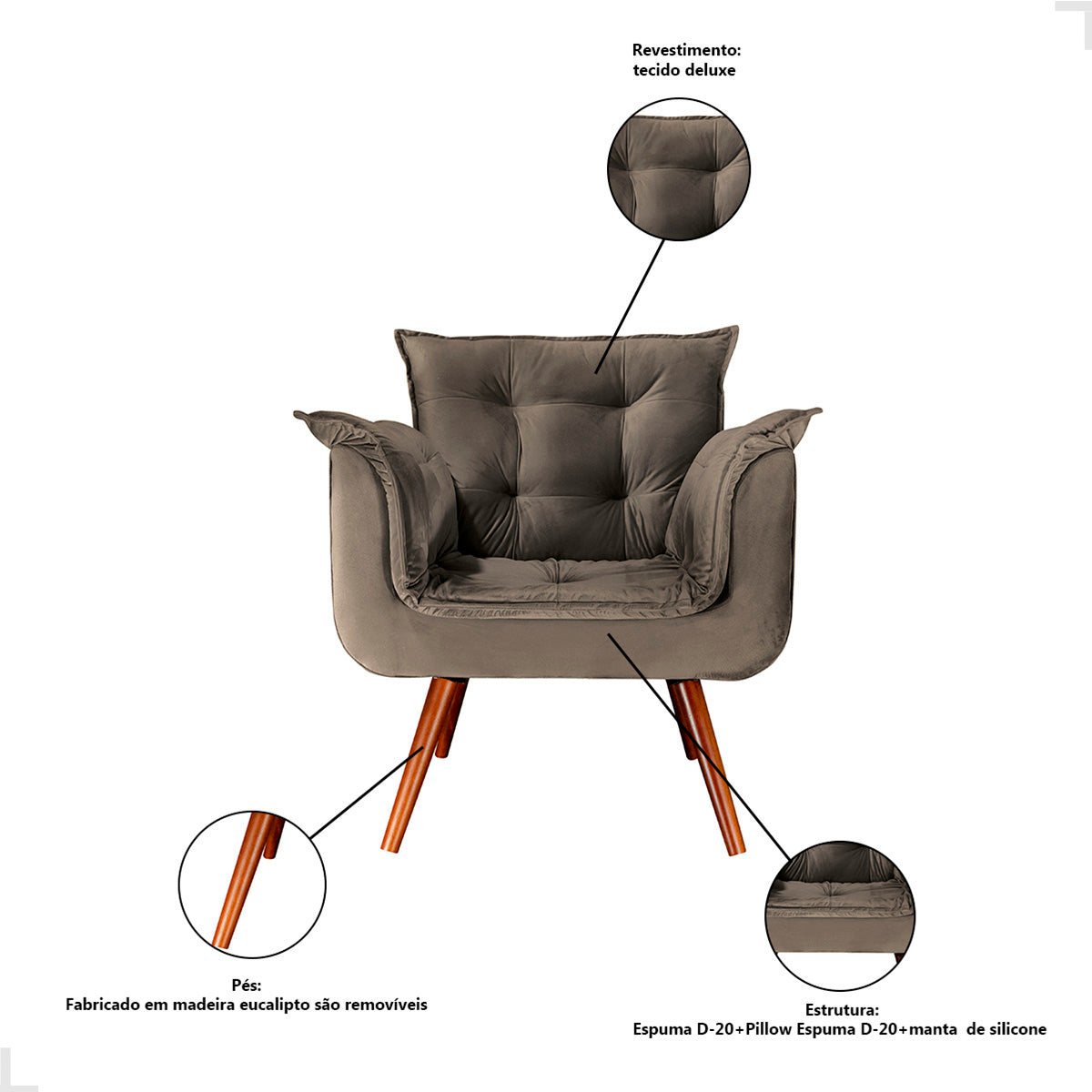 Poltrona Silicia com Pés Palito em Madeira de Eucalipto e Estofado em Tecido Deluxe – Design Elegante