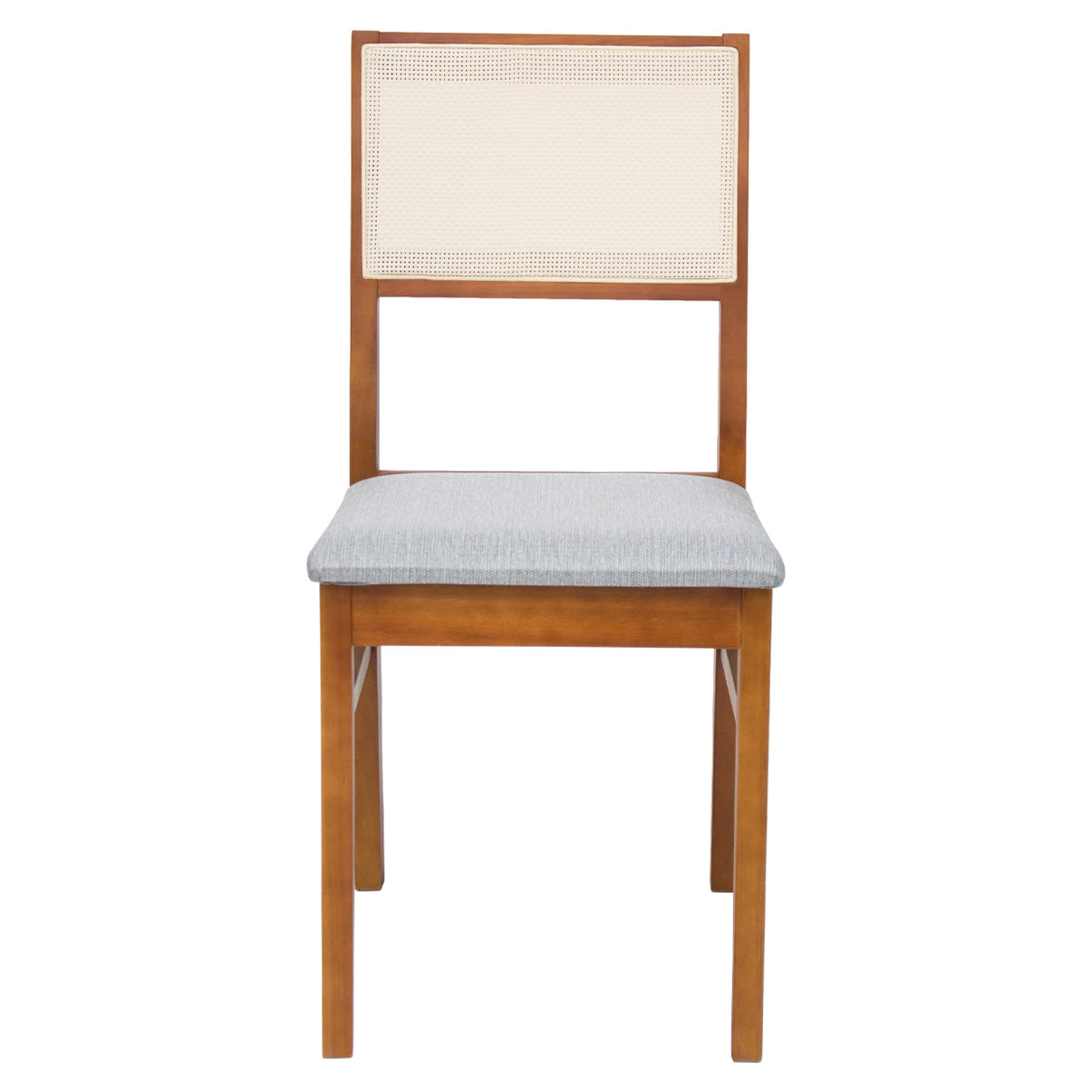 Kit 2 Cadeiras de jantar em madeira com estofado confortável, ideal para salas modernas. Acabamento em verniz UV e estrutura resistente de alta qualidade.