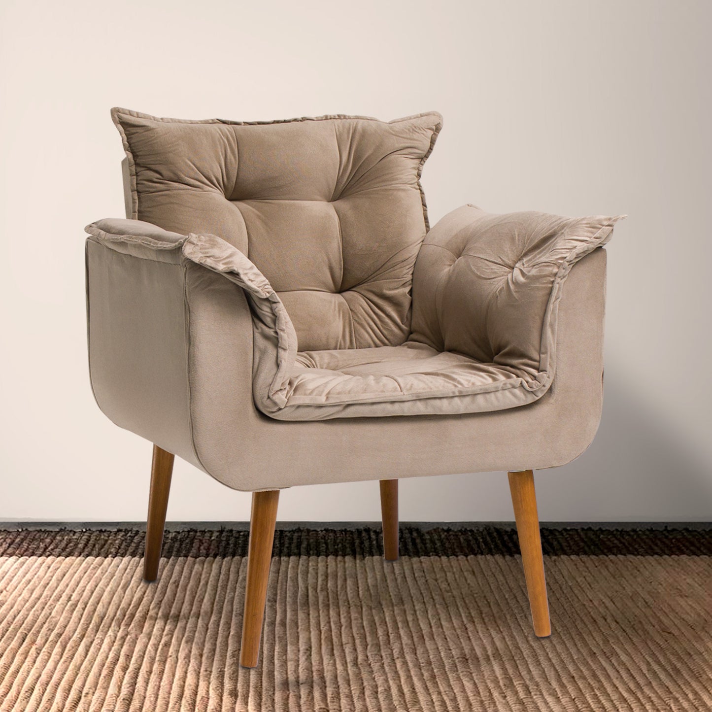 Poltrona Silicia com Pés Palito em Madeira de Eucalipto e Estofado em Tecido Deluxe – Design Elegante