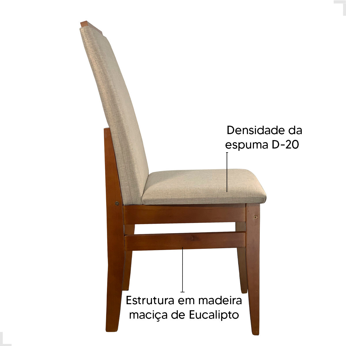 Kit com 4 Cadeiras Veneza com Assento em Tecido Linho, Estrutura em Madeira de Eucalipto e Espuma D20