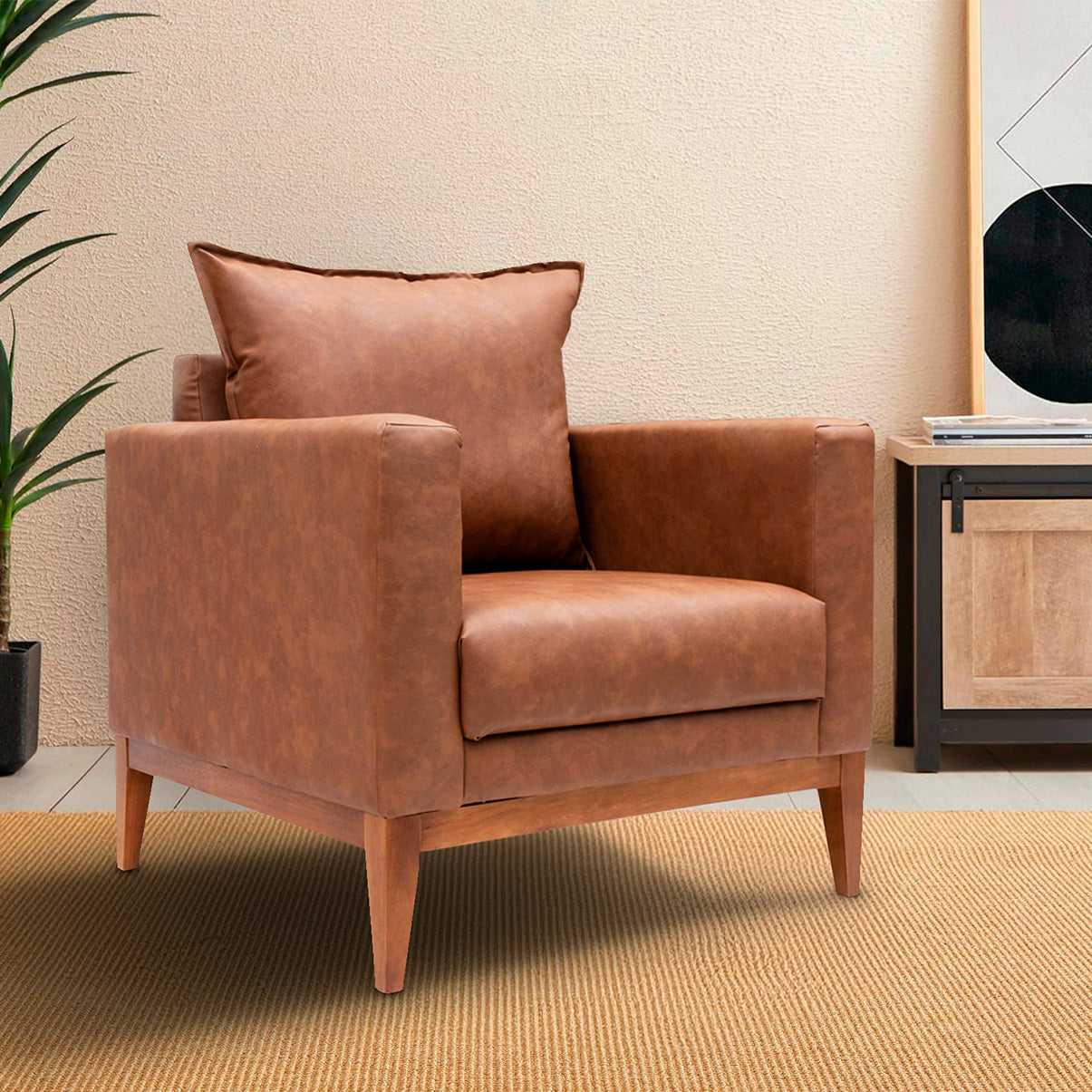 Poltrona Classic Estofada em Corino com Estrutura de Madeira Eucalipto, Almofada Removível