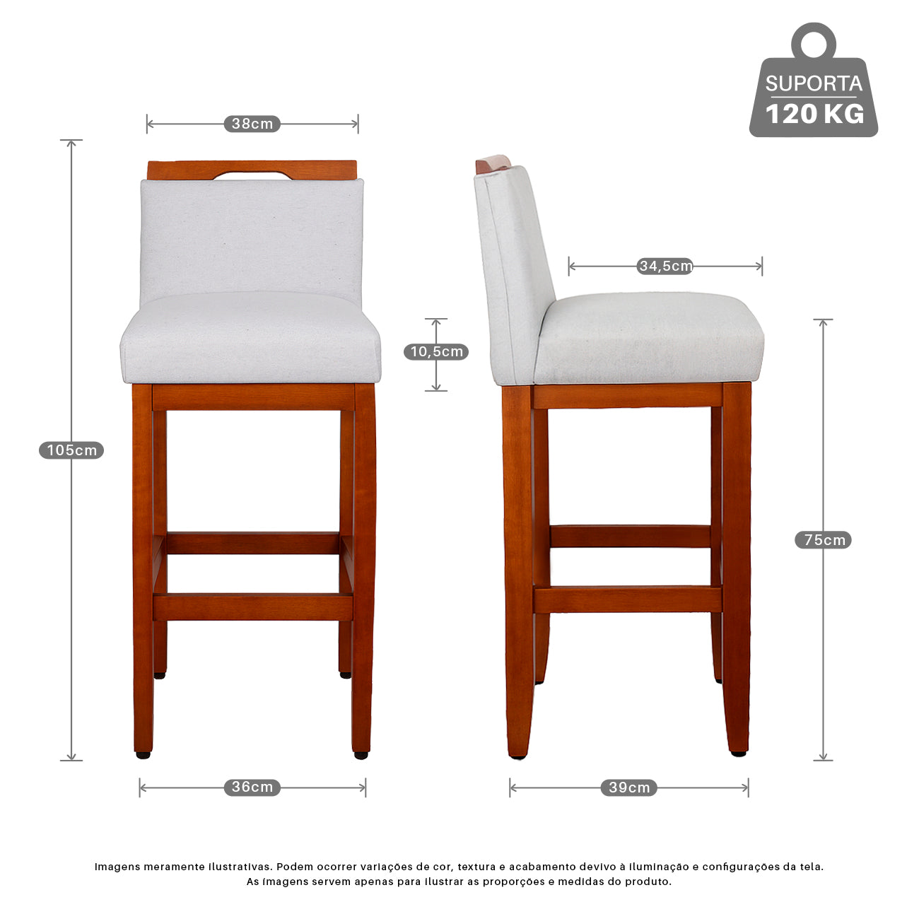 2 Banquetas Safira com Assento Estofado em Tecido Linho e Estrutura de Madeira Maciça – Com Encosto e Apoio para os Pés, Altura 104 cm para Bancadas Altas