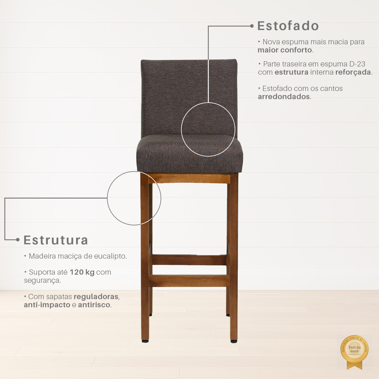 Banqueta Alta Jade Estofada com Estrutura de Madeira Maciça e Assento em Espuma D23 - Encosto Estofado e Altura Ideal para Bancadas Compactas