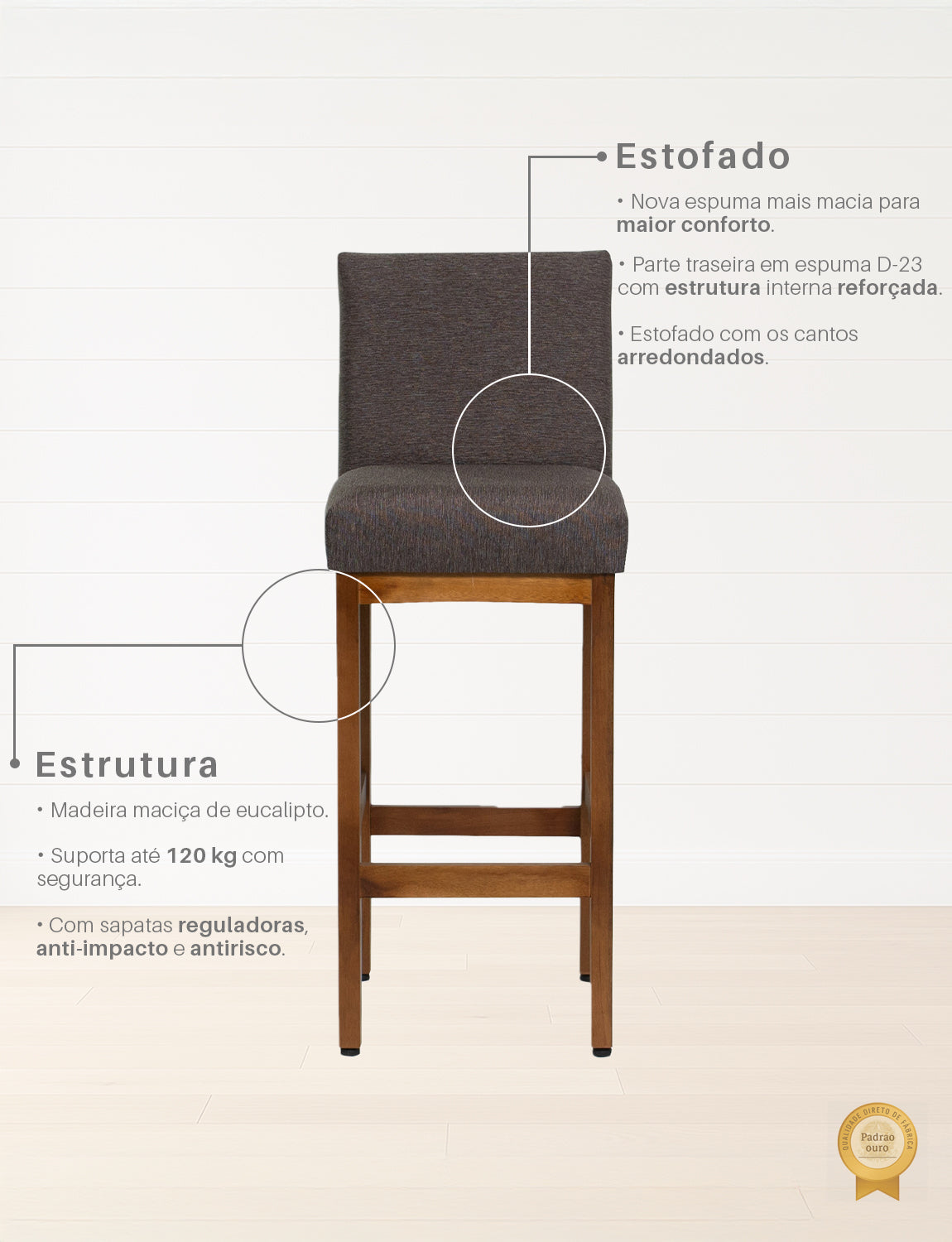 Banqueta Alta Jade Estofada com Estrutura de Madeira Maciça e Assento em Espuma D23 - Encosto Estofado e Altura Ideal para Bancadas Compactas