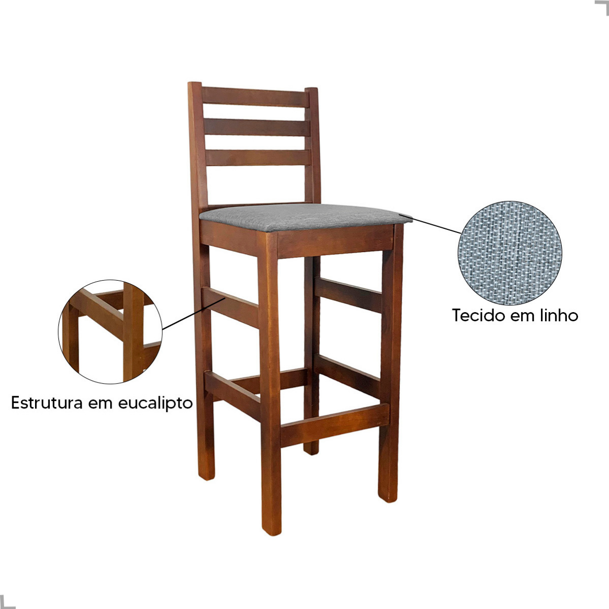 Banqueta Bistrô Estofada em Tecido Linho com Estrutura de Madeira Maciça – Ideal para Bancada Alta