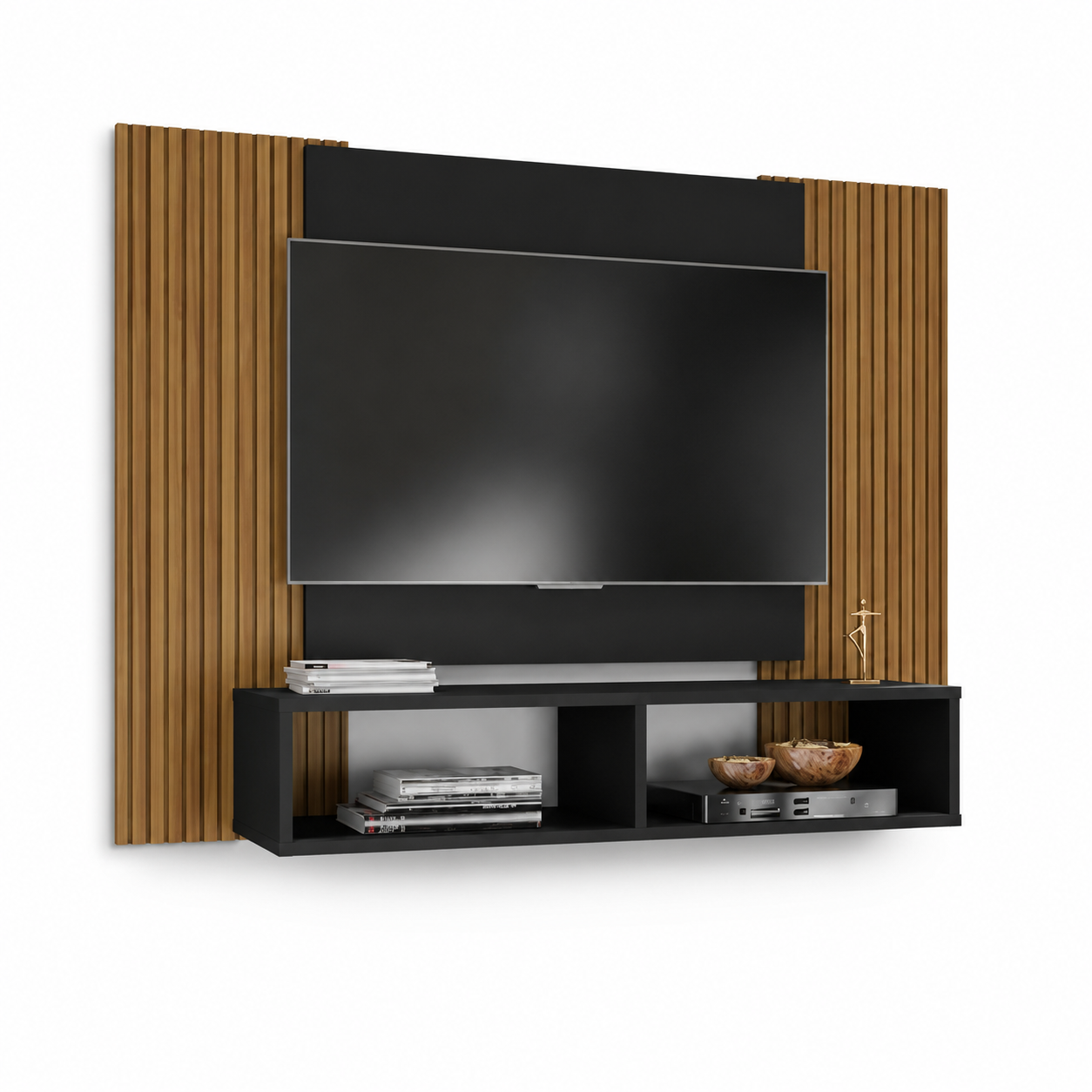 Painel Navi Preto Fosco/Ripado com Rack Suspenso para TV até 48”
