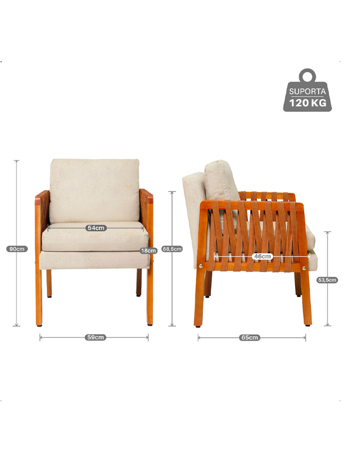 Kit 2 Poltronas Cordova em Madeira Maciça Eucalipto Estofada com Fibra de Silicone – Design Moderno e Conforto para Sala, Escritório ou Recepção