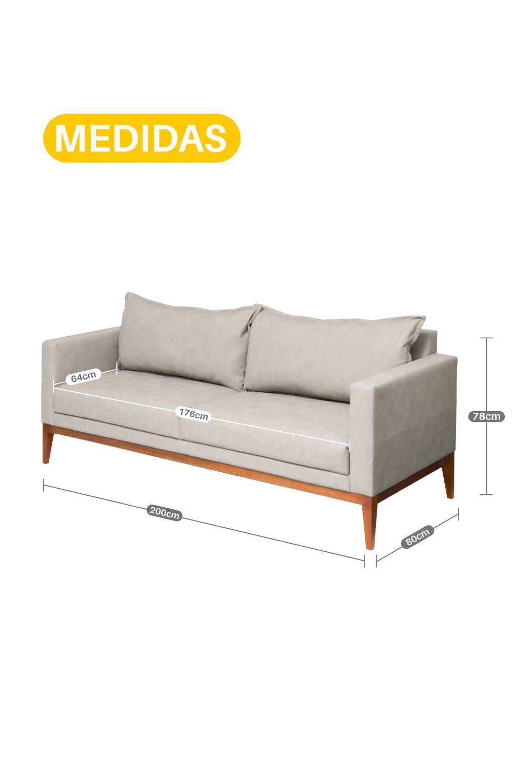 Sofá 3 Lugares Classic Corino com 2 Almofadas 2m Estrutura em Madeira de Eucalipto