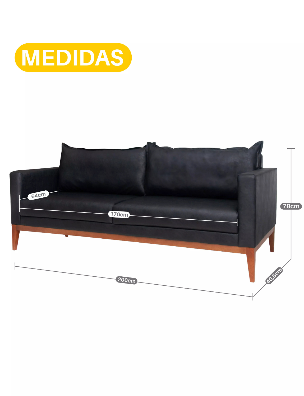 Sofá 3 Lugares Classic Corino com 2 Almofadas 2m Estrutura em Madeira de Eucalipto