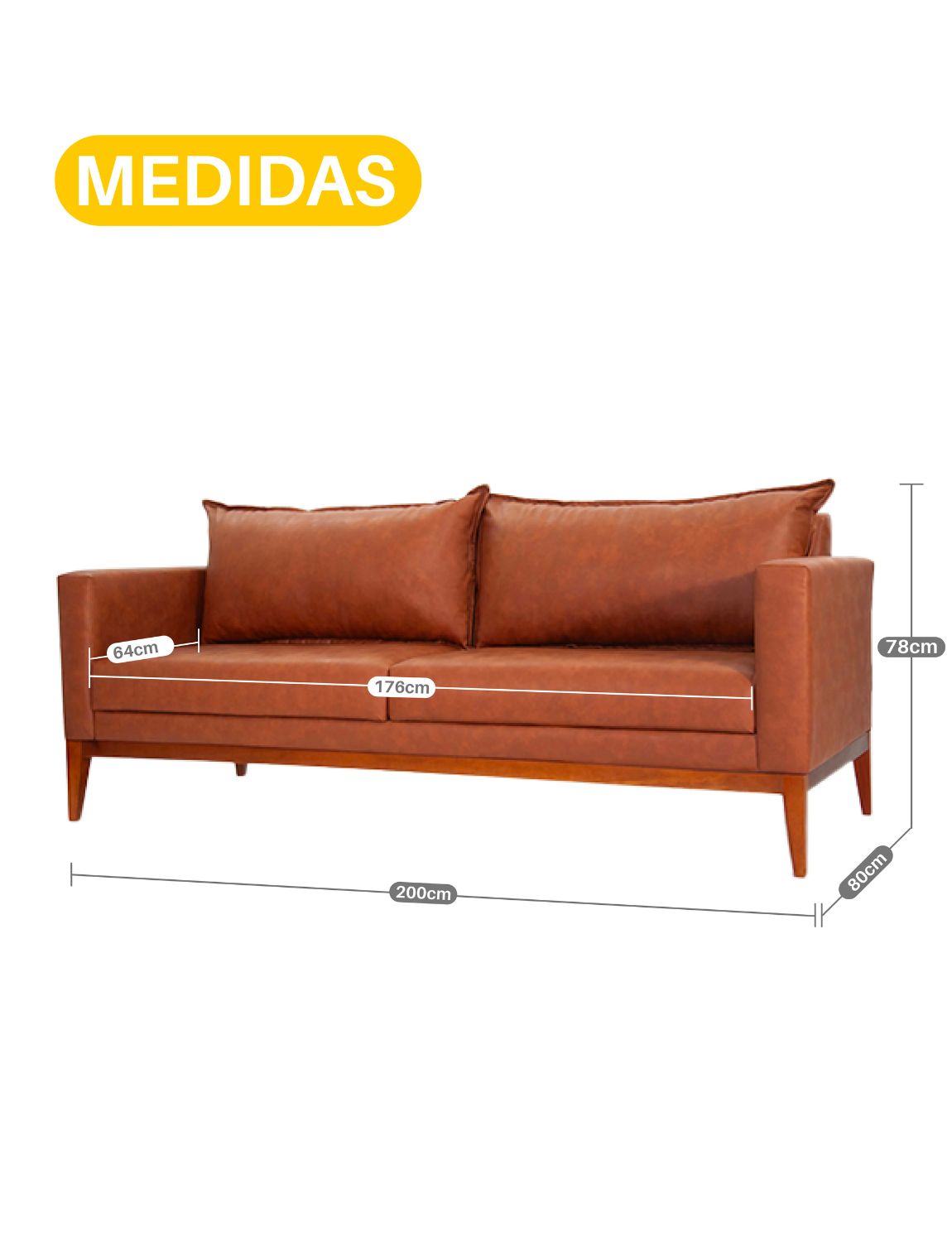 Sofá 3 Lugares Classic Corino com 2 Almofadas 2m Estrutura em Madeira de Eucalipto