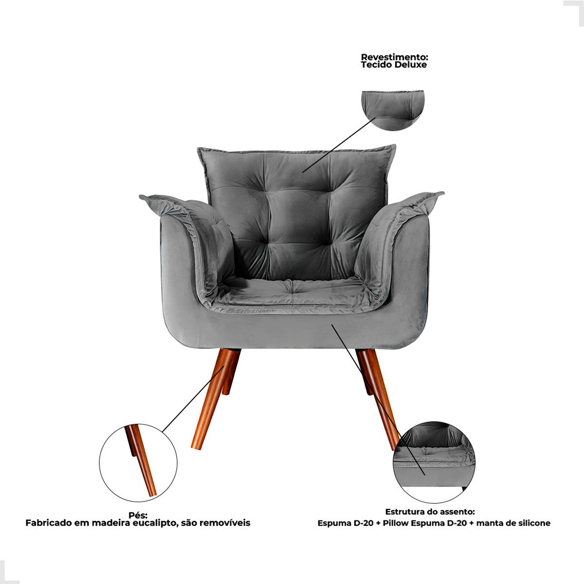 Poltrona Silicia com Pés Palito em Madeira de Eucalipto e Estofado em Tecido Deluxe – Design Elegante