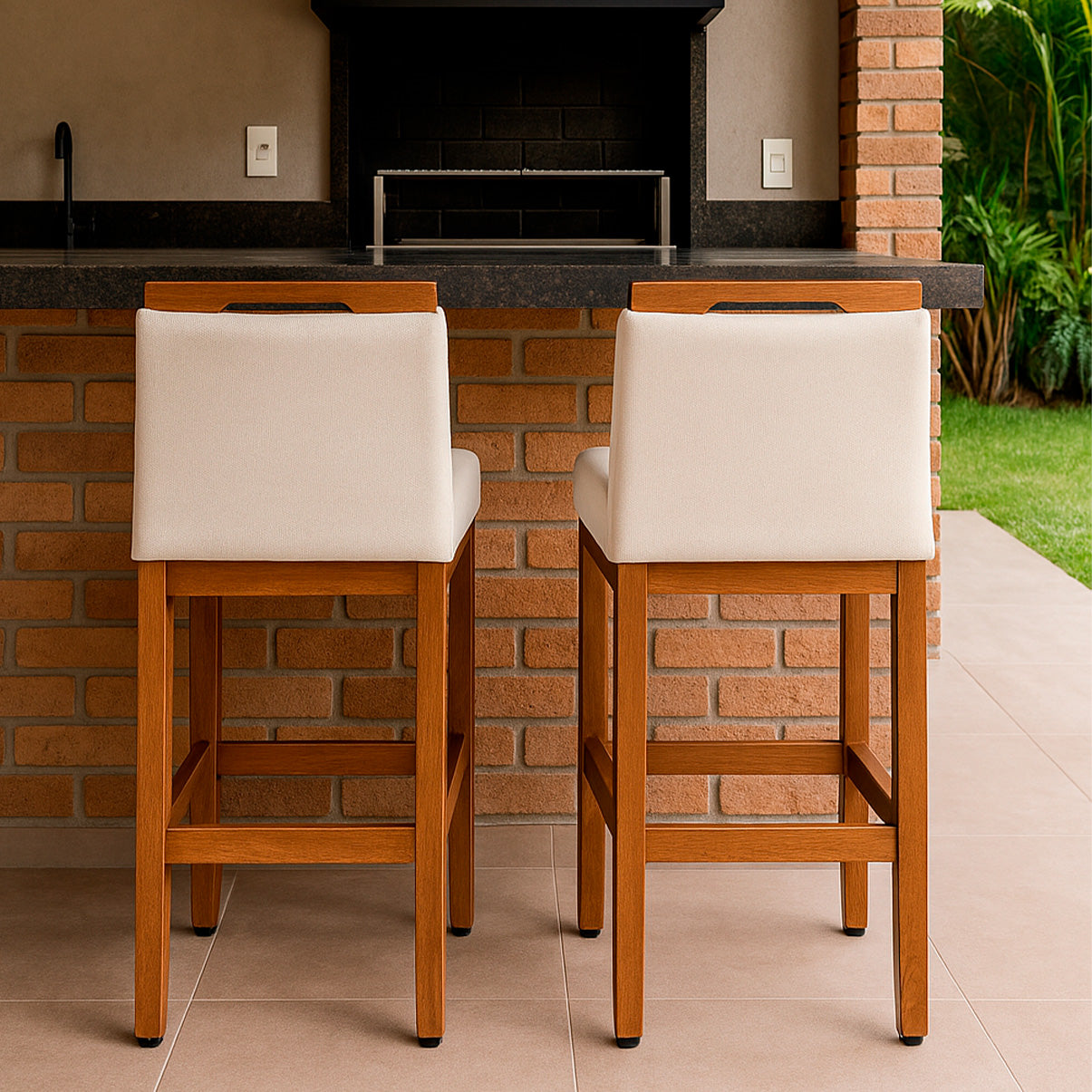 Kit 2 Banquetas Safira com Assento Estofado em Tecido Linho e Estrutura de Madeira Maciça – Com Encosto e Apoio para os Pés, Altura 91,5 cm para Bancadas Baixas