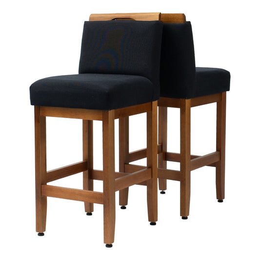 Kit 2 Banquetas Safira com Assento Estofado em Tecido Linho e Estrutura de Madeira Maciça – Com Encosto e Apoio para os Pés, Altura 91,5 cm para Bancadas Baixas