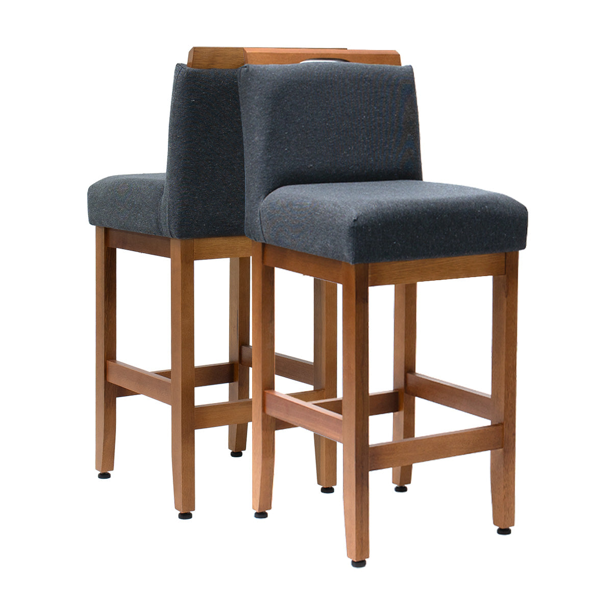 Kit 2 Banquetas Safira com Assento Estofado em Tecido Linho e Estrutura de Madeira Maciça – Com Encosto e Apoio para os Pés, Altura 91,5 cm para Bancadas Baixas