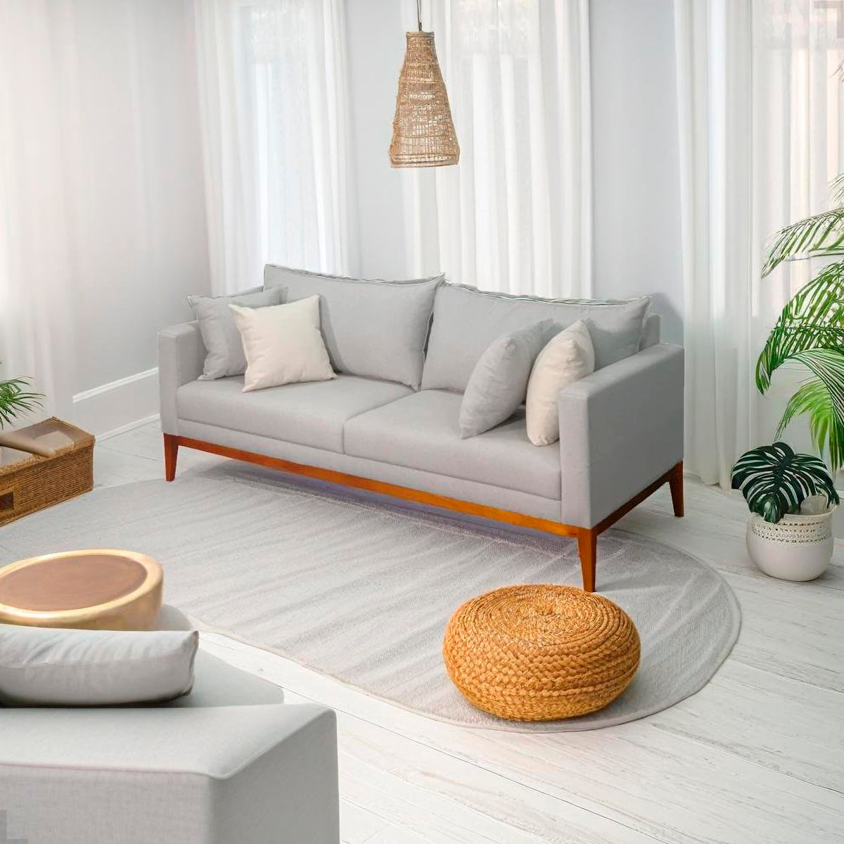 Sofá 3 Lugares Classic Tecido Linho com 2 Almofadas 2m Estrutura em Madeira de Eucalipto