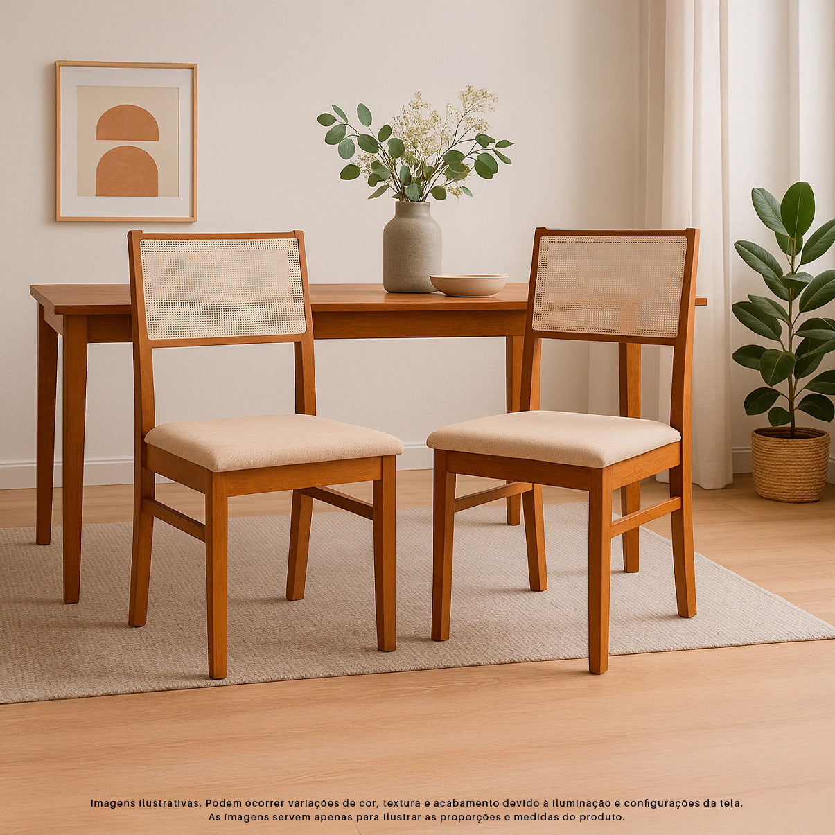 Kit Conjunto Cadeiras de jantar em madeira com estofado confortável, ideal para salas modernas. Acabamento em verniz UV e estrutura resistente de alta qualidade.