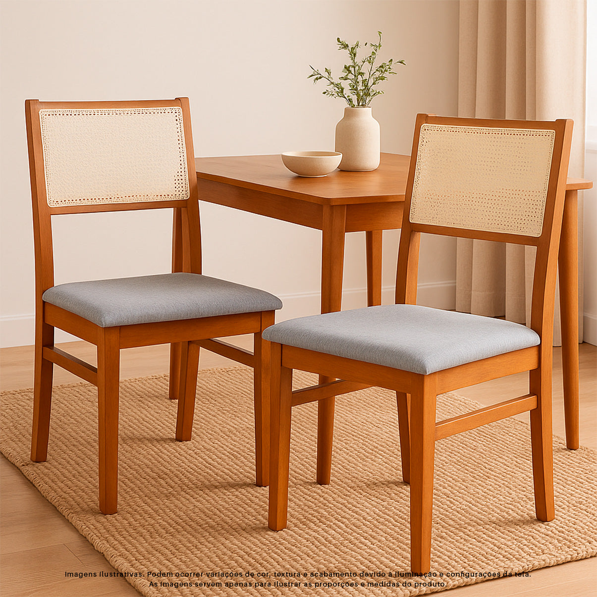 Kit Conjunto Cadeiras de jantar em madeira com estofado confortável, ideal para salas modernas. Acabamento em verniz UV e estrutura resistente de alta qualidade.