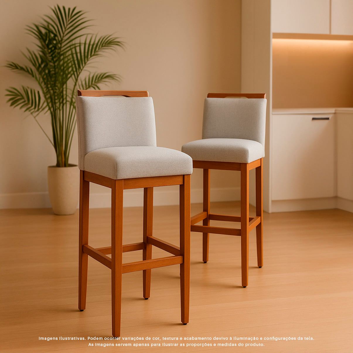 2 Banquetas Safira com Assento Estofado em Tecido Linho e Estrutura de Madeira Maciça – Com Encosto e Apoio para os Pés, Altura 104 cm para Bancadas Altas
