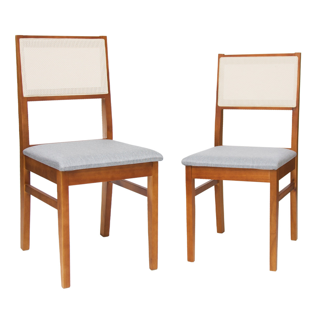 Kit 2 Cadeiras de jantar em madeira com estofado confortável, ideal para salas modernas. Acabamento em verniz UV e estrutura resistente de alta qualidade.