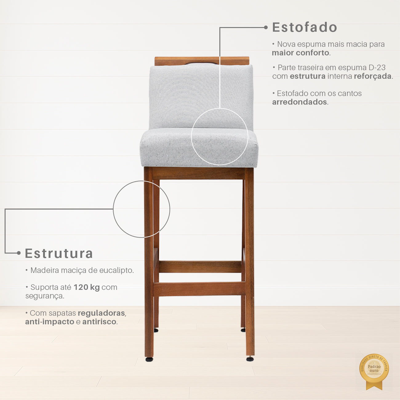 2 Banquetas Safira com Assento Estofado em Tecido Linho e Estrutura de Madeira Maciça – Com Encosto e Apoio para os Pés, Altura 104 cm para Bancadas Altas