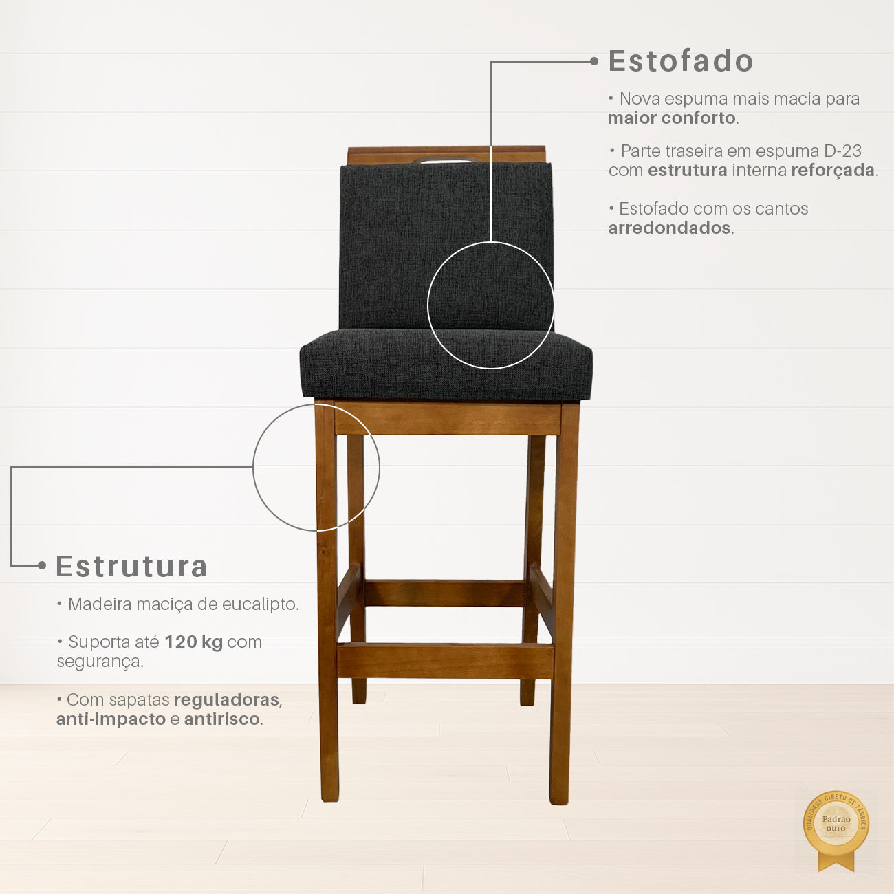 Banqueta Rubi Estofada com Encosto e Estrutura de Madeira Maciça