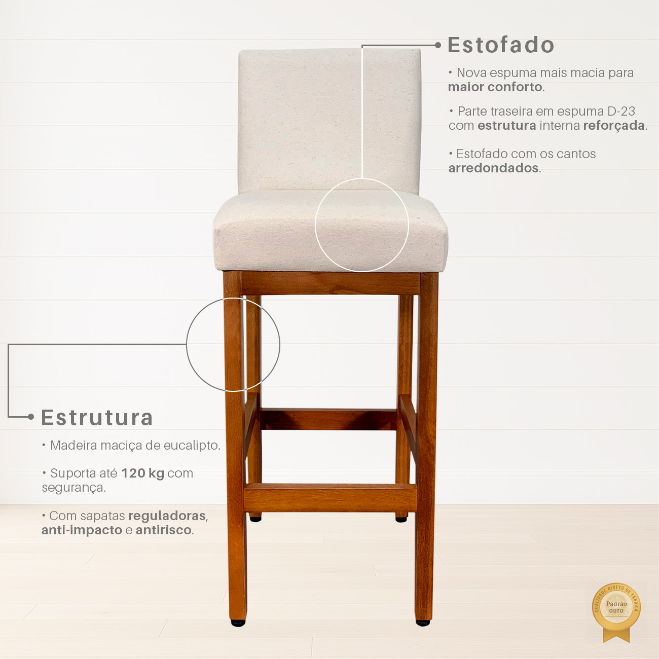 Banqueta Alta Jade Estofada com Estrutura de Madeira Maciça e Assento em Espuma D23 - Encosto Estofado e Altura Ideal para Bancadas Compactas