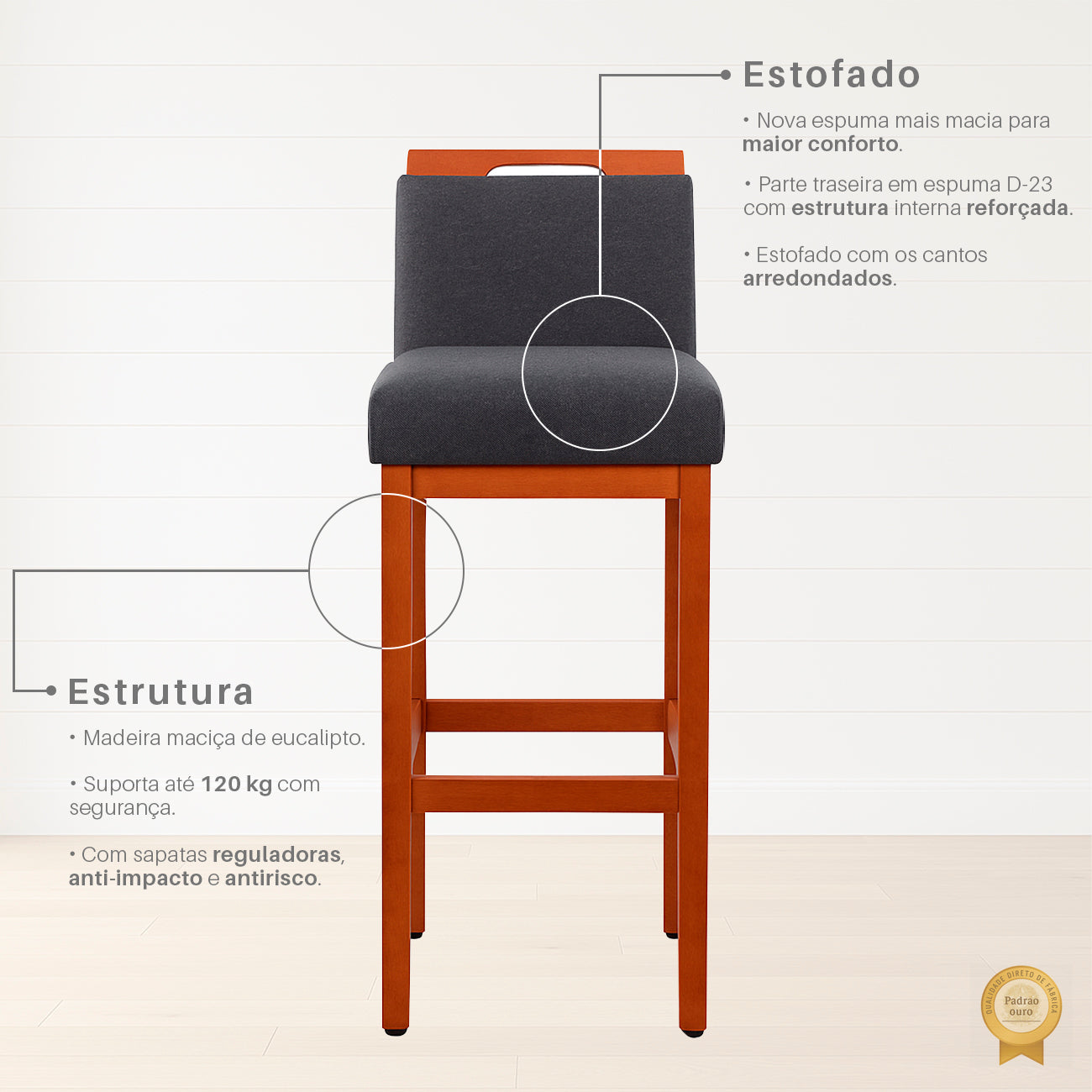 2 Banquetas Safira com Assento Estofado em Tecido Linho e Estrutura de Madeira Maciça – Com Encosto e Apoio para os Pés, Altura 104 cm para Bancadas Altas