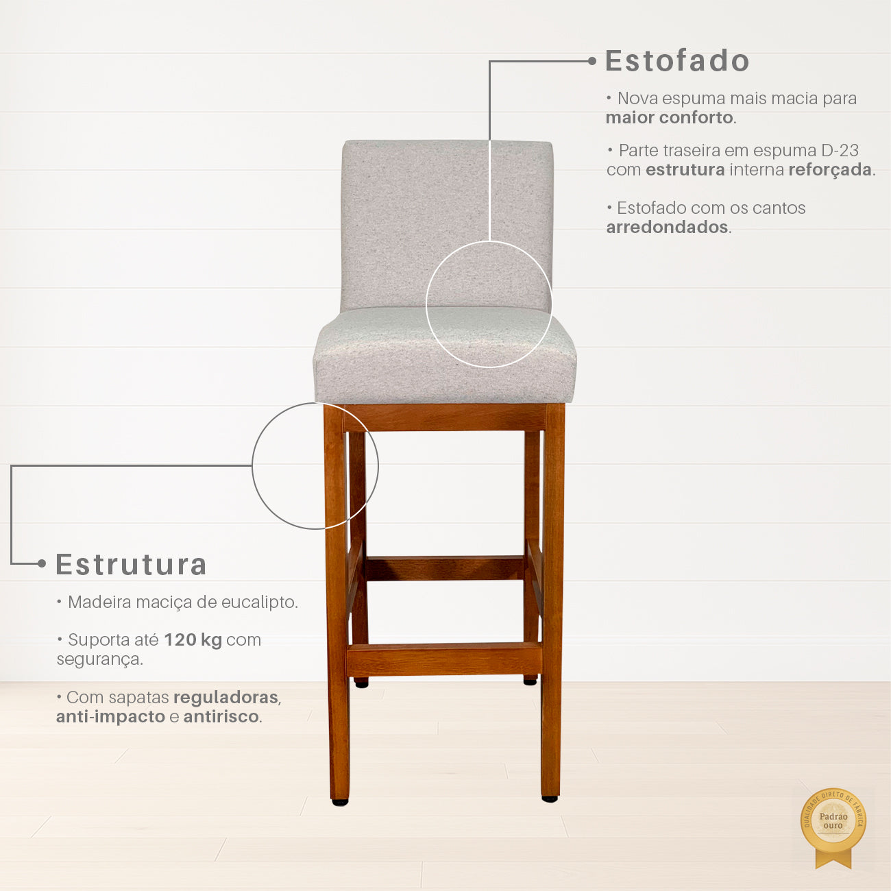 Banqueta Alta Jade Estofada com Estrutura de Madeira Maciça e Assento em Espuma D23 - Encosto Estofado e Altura Ideal para Bancadas Compactas