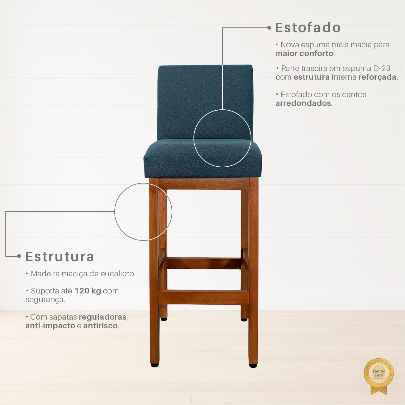 Banqueta Alta Jade Estofada com Estrutura de Madeira Maciça e Assento em Espuma D23 - Encosto Estofado e Altura Ideal para Bancadas Compactas