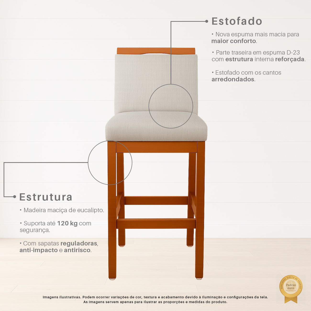 Banqueta Rubi Estofada com Encosto e Estrutura de Madeira Maciça