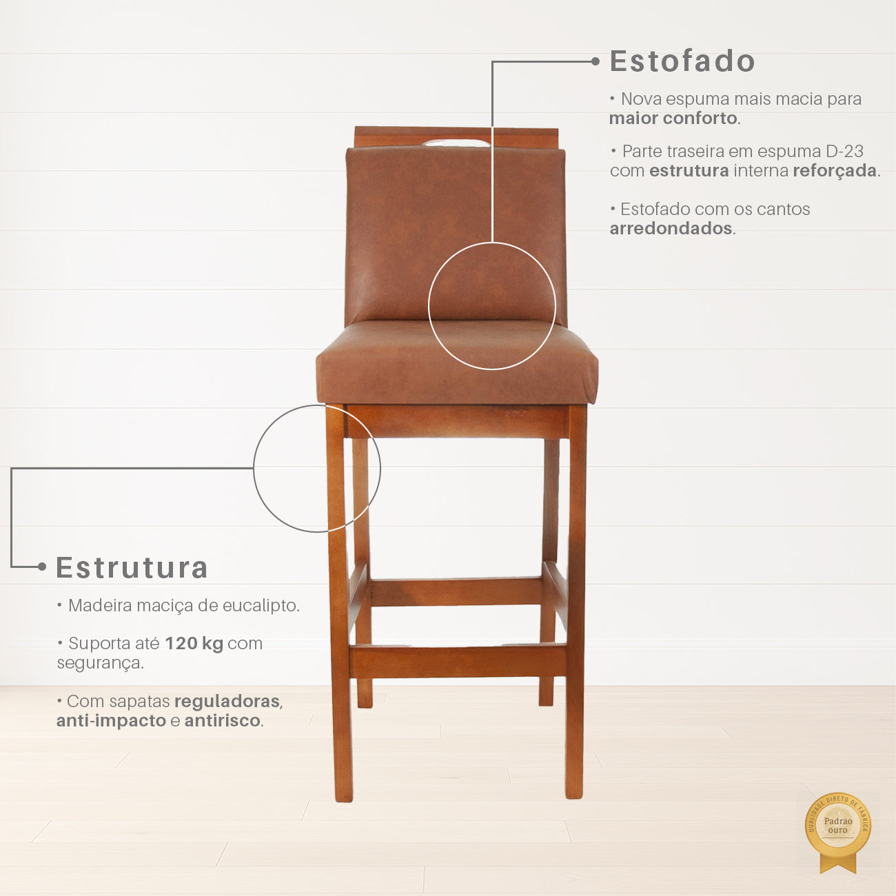 Banqueta Rubi Estofada em Corino com Encosto e Estrutura de Madeira Maciça – Altura 104 cm com Apoio para os Pés, Ideal para Bancada Alta