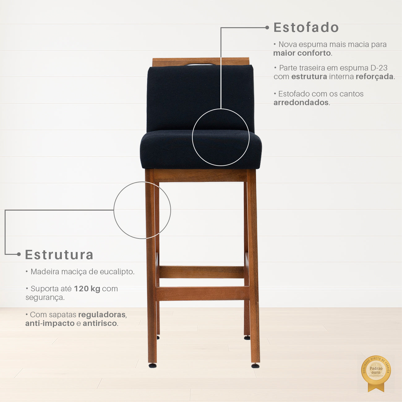 2 Banquetas Safira com Assento Estofado em Tecido Linho e Estrutura de Madeira Maciça – Com Encosto e Apoio para os Pés, Altura 104 cm para Bancadas Altas