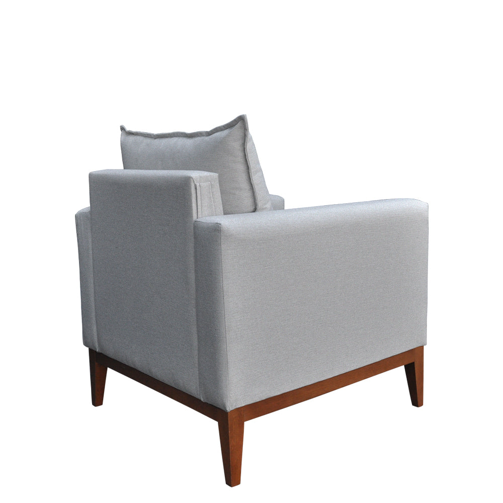 Poltrona Classic Estofada em Linho com Estrutura de Madeira Eucalipto, Almofada Removível e Pés com Requadro – Conforto e Durabilidade
