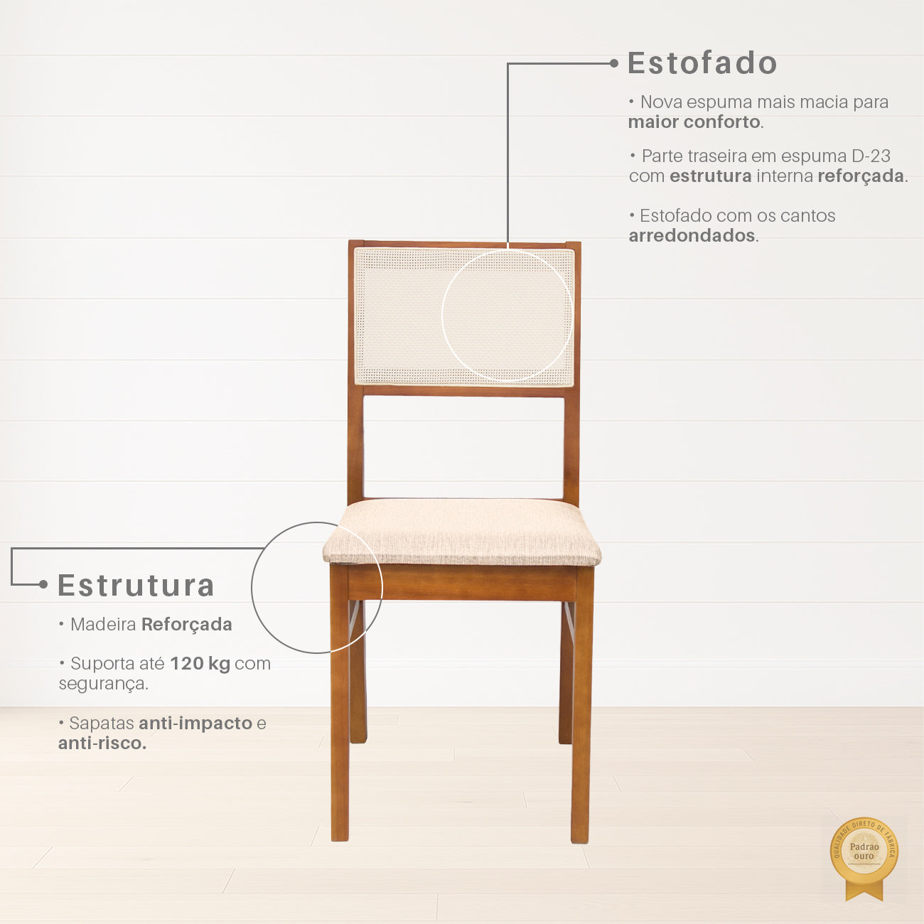 Kit Conjunto Cadeiras de jantar em madeira com estofado confortável, ideal para salas modernas. Acabamento em verniz UV e estrutura resistente de alta qualidade.